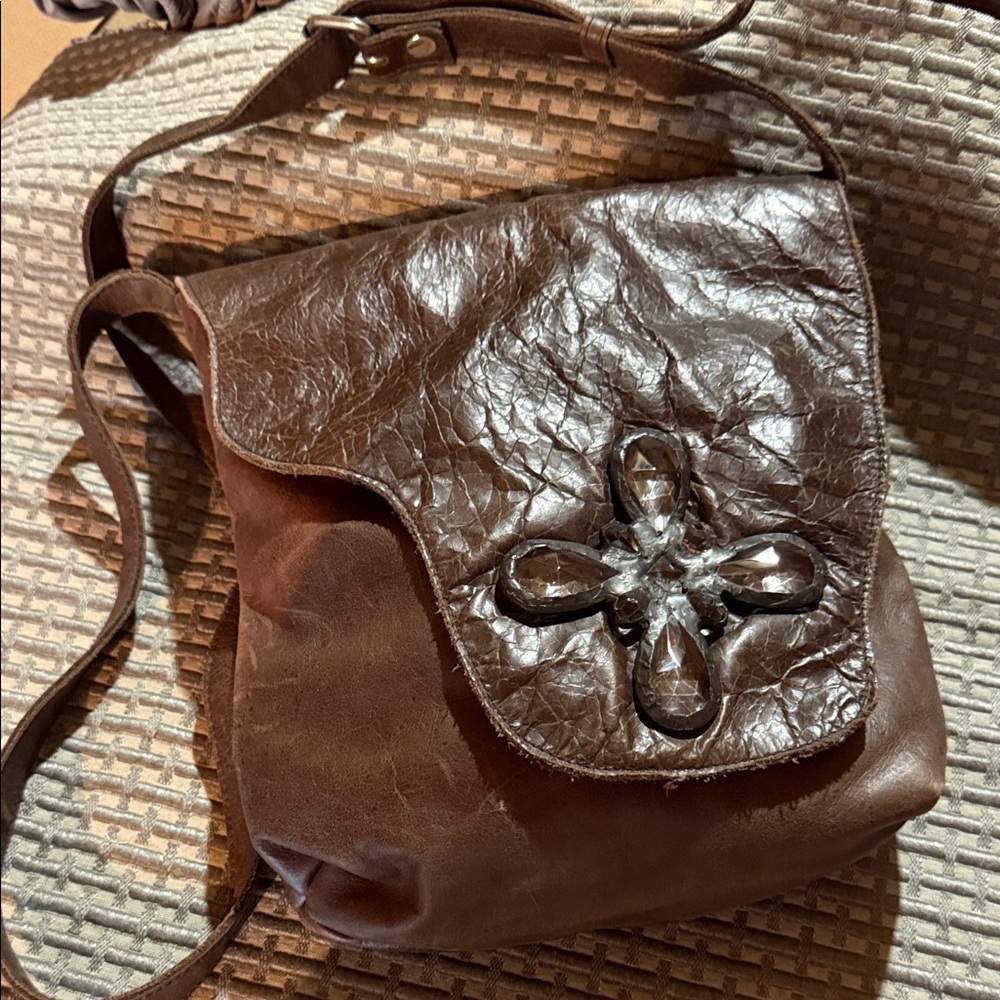 Chic Brown Leather Crossbody Bag with Embellishments